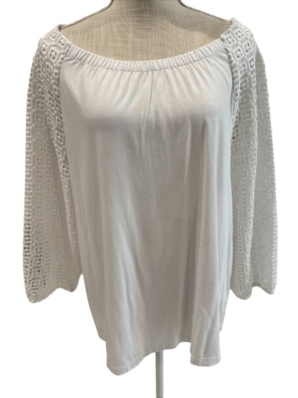 Talbots White Talbots Womens Lace Sleeve Top With Elastic Neckline Size L